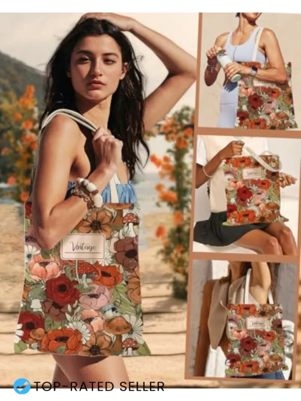 Canvas Tote Bag for Women with Zippered Inner Pocket